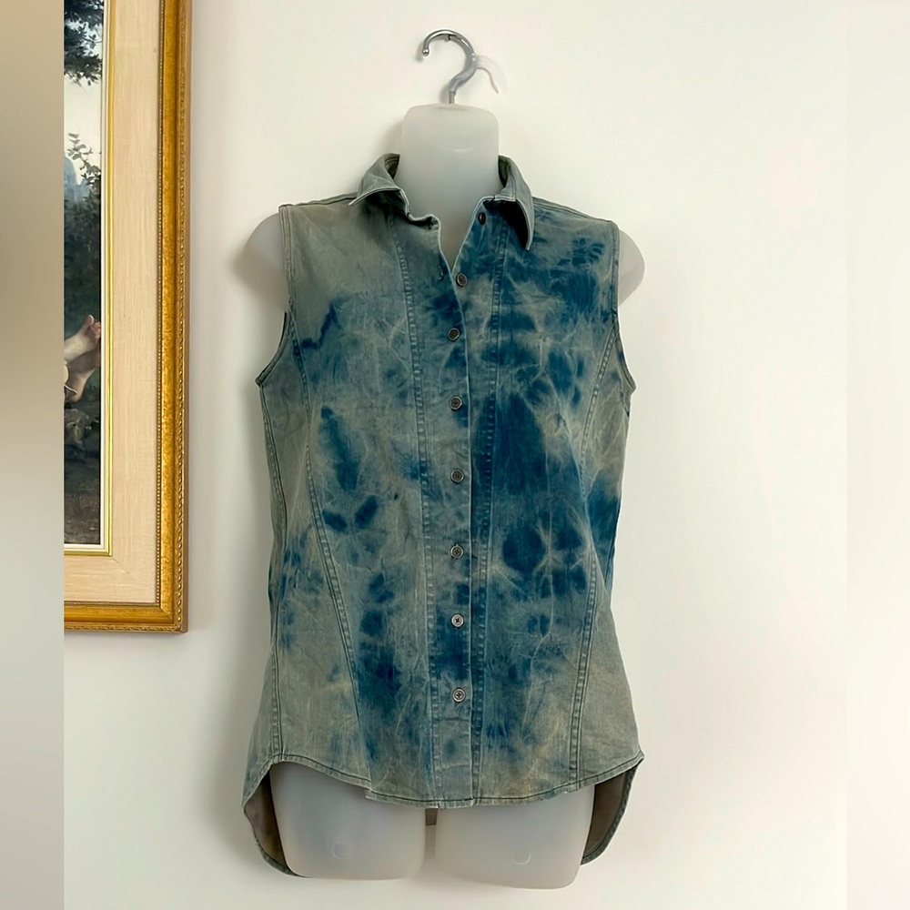 Theyskens’ Theory Sleeveless Denim Top with Blue Tie-Dye